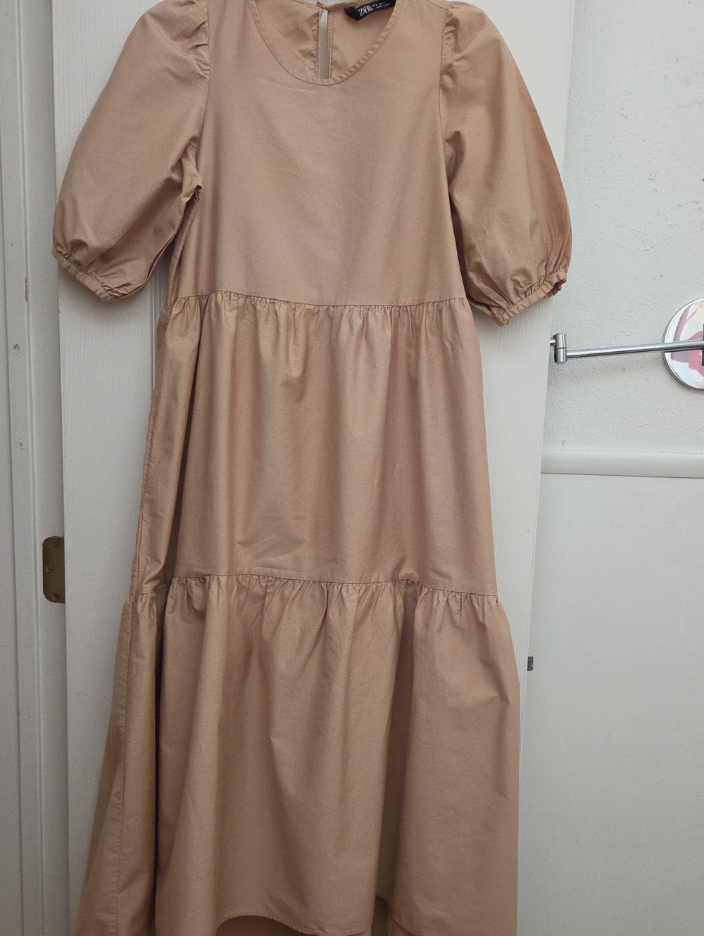 Zara Beige Puff Sleeve Tiered Midi Dress